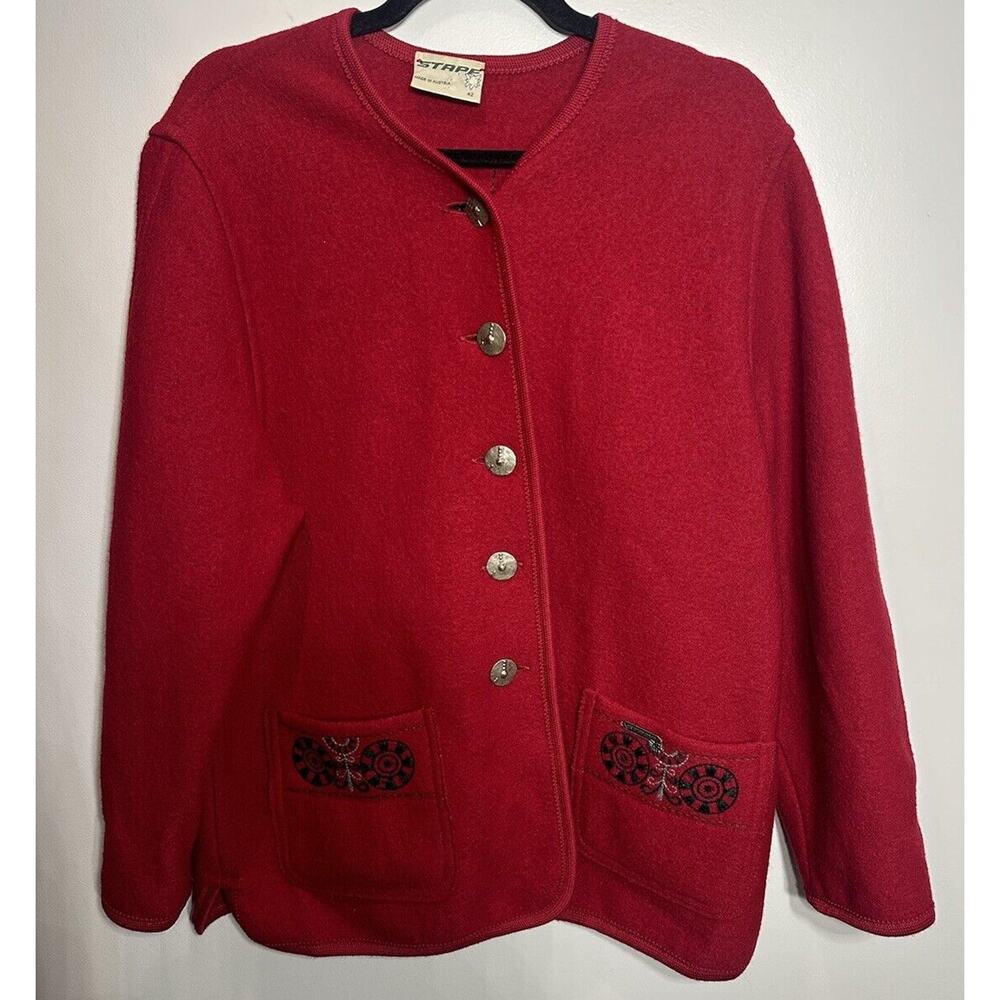 Vintage Stapf Pure New Wool Red Cardigan Sweater Pockets Embroidery Size EU 42